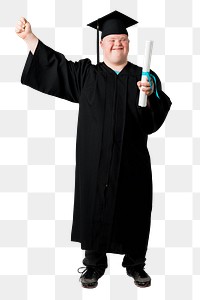 Happy boy with down syndrome in a graduation gown 