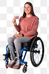 Cool woman on a wheelchair showing a premium credit card