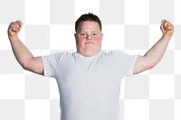 Proud boy with down syndrome flexing his arms 