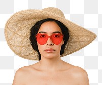 Bare chested woman wearing a big round hat and red vintage heart-shaped sunglasses mockup