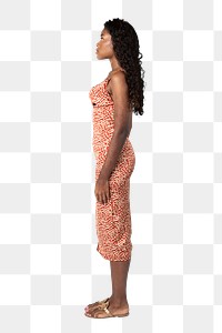 Black woman wearing a satin cami dres in a profile shot mockup