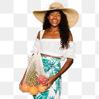 Beautiful woman using a net bag when buy fruits mockup