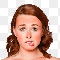 Sunburnt woman png transparent, face portrait biting her lips