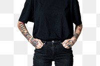 Tattooed model in black t shirt and jeans transparent png