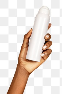 Black woman holding a white spray bottle mockup transparent png