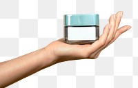 Hand holding face cream jar mockup transparent png