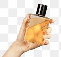 Woman holding a perfume glass bottle transparent png