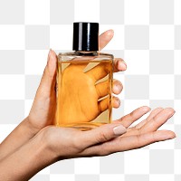 Woman holding a perfume glass bottle transparent png