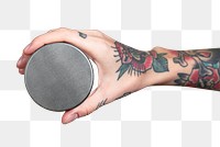 Tattooed hand holding face cream jar transparent png