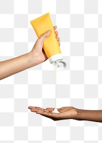 Woman squeezing cream from a yellow tube transparent png
