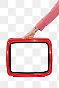 Hand holding a red retro television transparent png