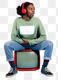 Black woman sitting on a retro television transparent png