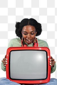 Red retro television on a lap transparent png