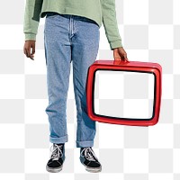 Woman holding a red retro television transparent png