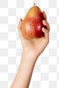 Hand showing a fresh red blush pear transparent png