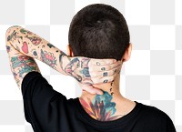 Model with tattoo in black T shirt transparent png