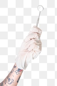 Tattooed hand in a white glove holding a dentist&#39;s mirror  transparent png