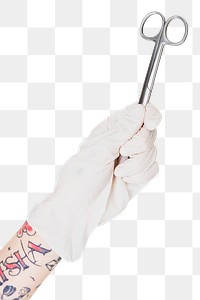 Tattooed hand in a white glove holding a surgical clip transparent png