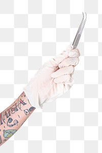 Tattooed hand in a white glove holding a curved tweezers transparent png