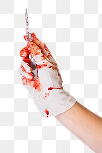 Doctor bloody hand in glove holding a scalpel transparent png