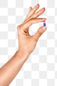 Hand holding a pink and blue pill transparent png