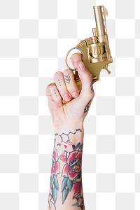 Hand with tattoo holding gun raising up transparent png