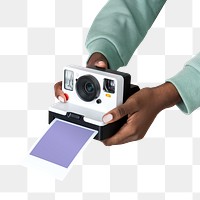Hands holding an instant camera transparent png