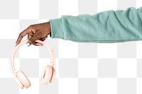 Hand holding a pink headphones transparent png