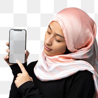 Muslim woman showing a mobile screen transparent png