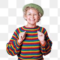 Cheerful woman in a colorful jumper transparent png