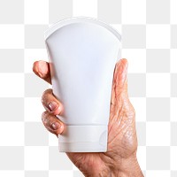 Hand holding a facial cream container transparent png