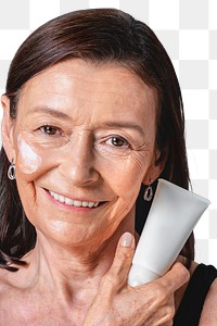 Senior woman holding a white face cream tube transparent png