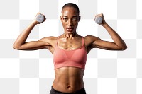 Active black woman lifting dumbbells transparent png
