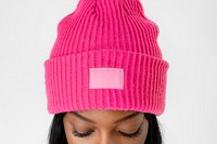 Black woman wearing a hot pink beanie mockup transparent png