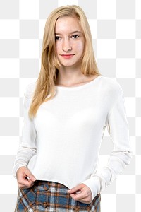 Young blonde girl wearing white sweater transparent png