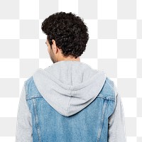 Rear view of man in a half denim hoodie jacket transparent png