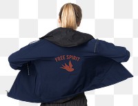 Png women’s windbreaker jacket mockup navy rear view with quote sportswear fashion shoot