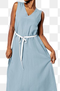 Png woman mockup in blue belted loose dress fashion studio shoot