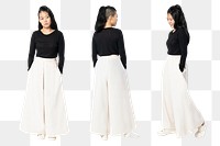 Asian woman png mockup in black palazzo pants casual fashion full body set