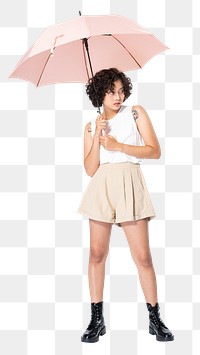 Woman png mockup holding a pink umbrella casual fashion