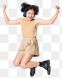Happy woman png mockup wearing headphones and listening to music