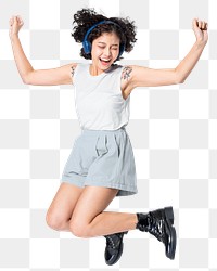 Happy woman png mockup wearing headphones and listening to music