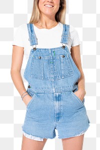 Png denim dungarees shorts mockup women’s apparel shoot