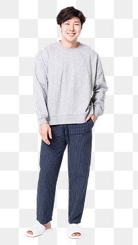 Man png mockup in gray long sleeve pajamas sleepwear apparel full body