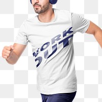 Man png mockup running in work out white t-shirt activewear fashion