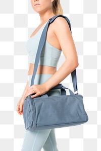 Png woman mockup carrying blue duffle bag in her gym clothes