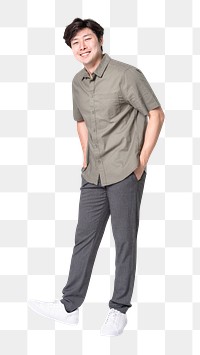 Png Asian man mockup in gray shirt casual wear full body