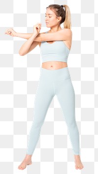 Healthy woman png mockup stretching in blue sportswear full body