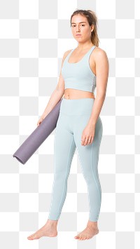 Yoga woman png mockup in blue sports bra and leggings with yoga mat
