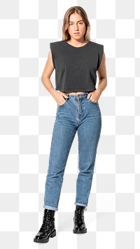 Woman png mockup in black cropped tank top and jeans street fashion